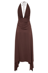 Cyra Plunge Satin Midi Dress - Dark Chocolate