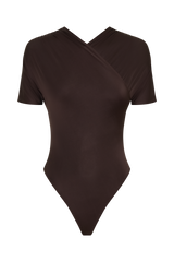 Junie Shortsleeve Cross-Over Bodysuit - Chocolate