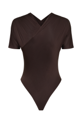 Junie Shortsleeve Cross-Over Bodysuit - Chocolate