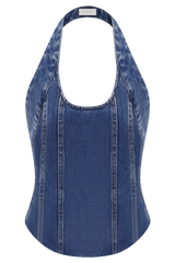 Meadow Denim Corset Halter Top - Dark Blue