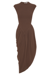 Nola Shirred Asymmetric Midi Dress - Mocha