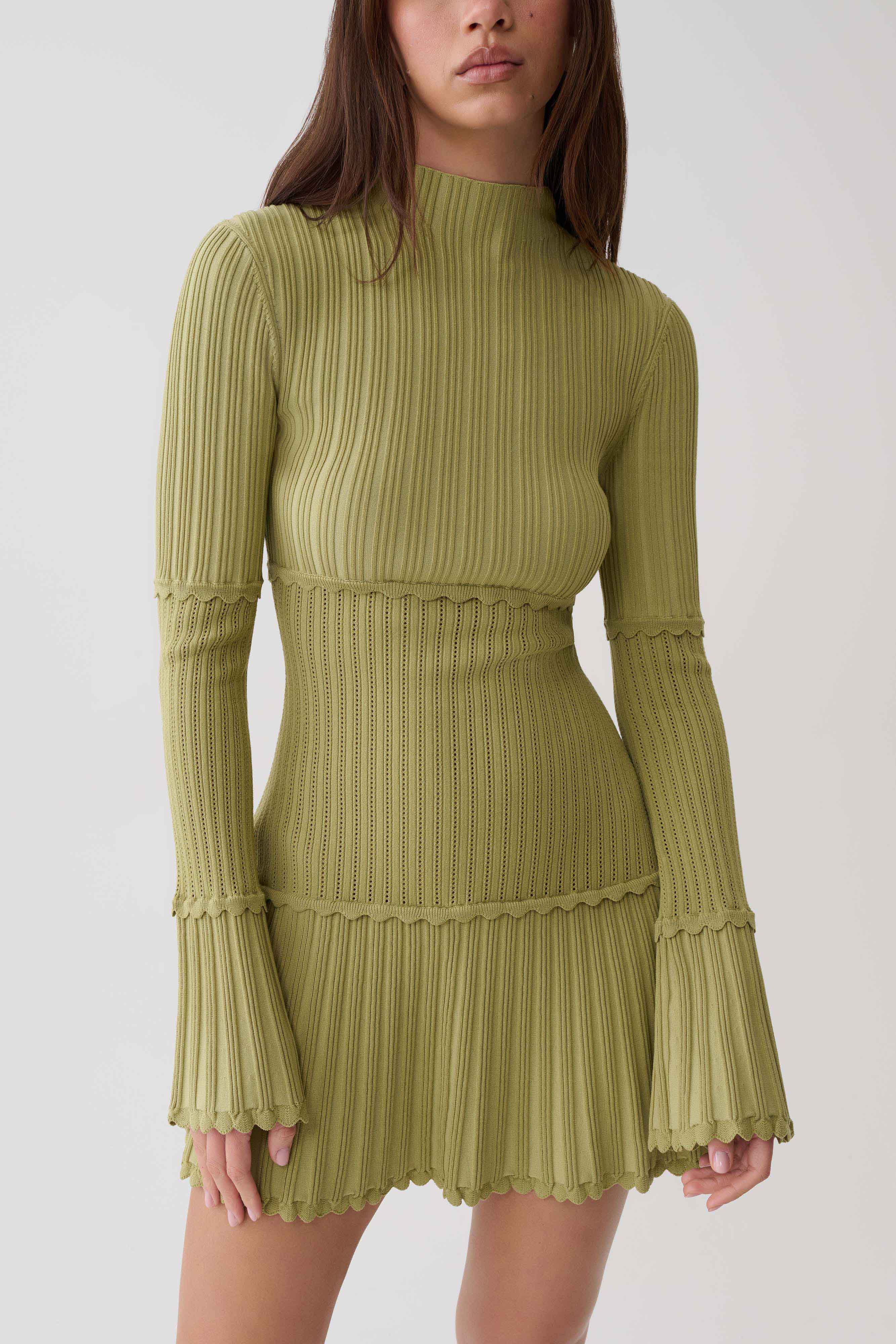 Adena Pointelle Knit Mini Dress - Olive