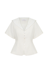 Melody Short Sleeve Shirt With Lace Collar - White