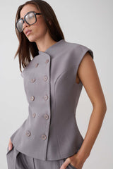 Phoebe Double Breasted Vest - Light Grey Marle