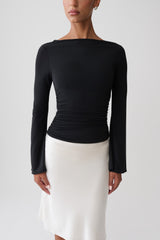 Sabina Cowl Back Long Sleeve Top - Black