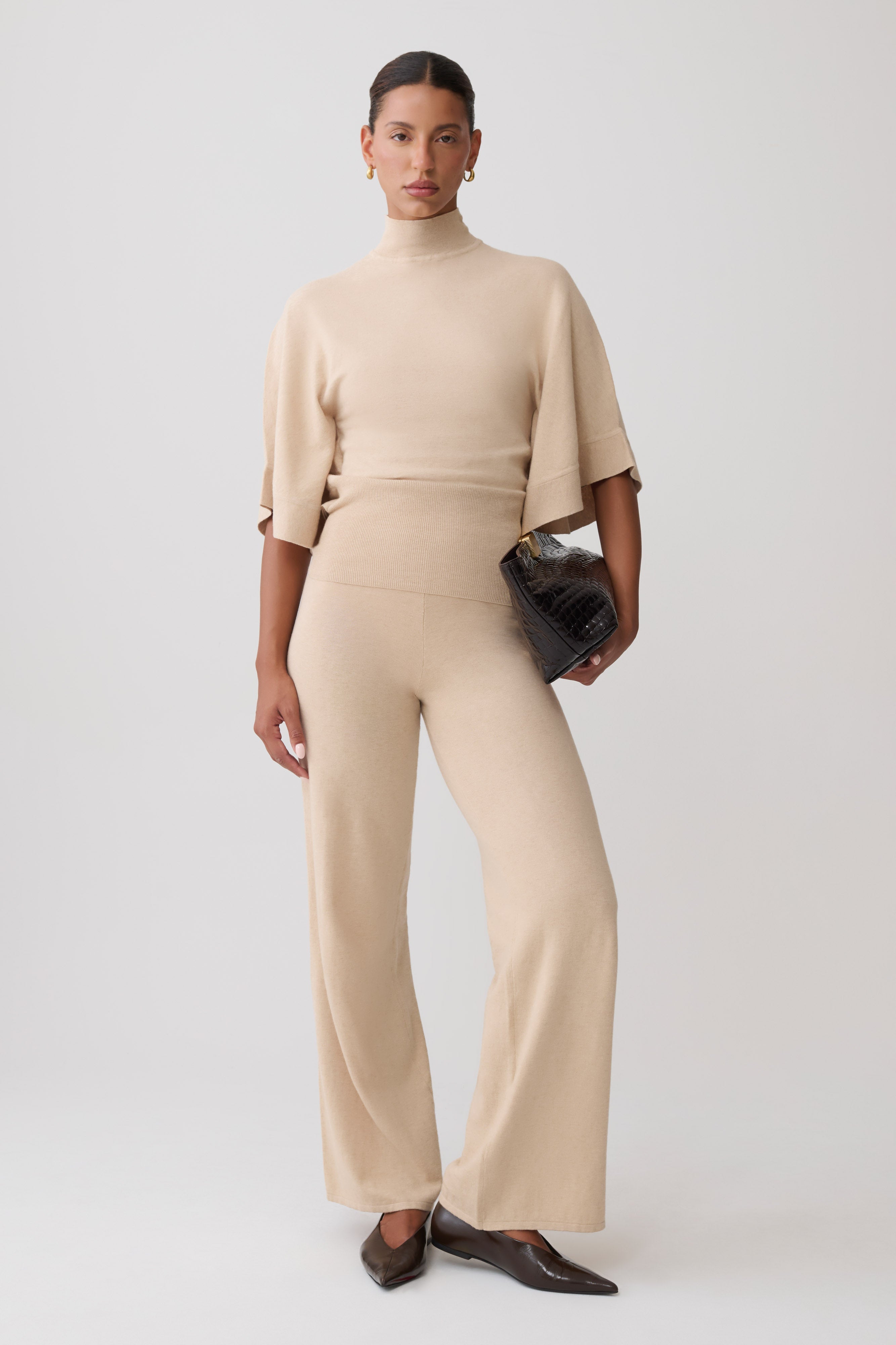 Helania High Neck Knit Top - Oat Marle